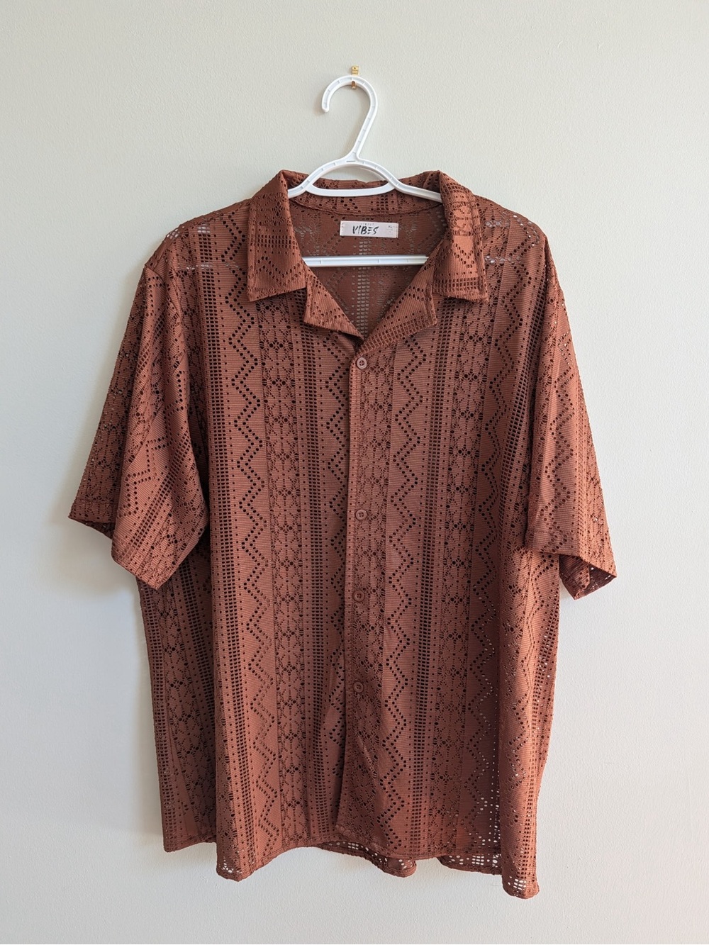 Vibe Men's Short Sleeve Rust Brown Eyelet Button-Up Shirt